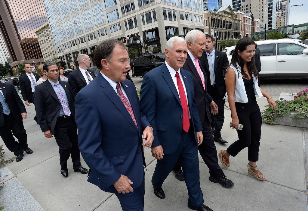 (Scott Sommerdorf | Tribune file photo) Utah Gov. Gary Herbert, then-Indiana Gov. Mike Pence, and then-U.S. Senator Orrin Hatch walk together as a tour of LDS Temple Square begins, September 1, 2016.