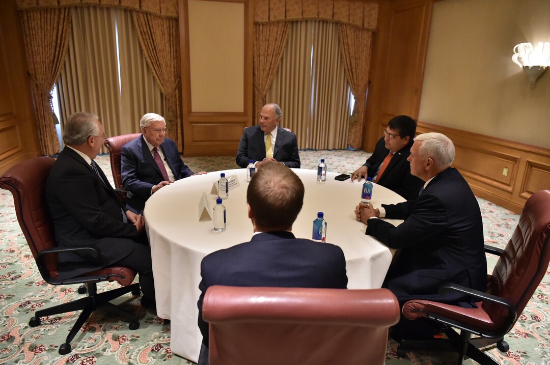 (Photo courtesy of The Church of Jesus Christ of Latter-day Saints)
U.S. Vice President Mike Pence. right, meets with general authority Seventy Jack N. Gerard, left, and apostles M. Russell Ballard, center, and Ronald A. Rasband, center, on Aug. 22, 2019.