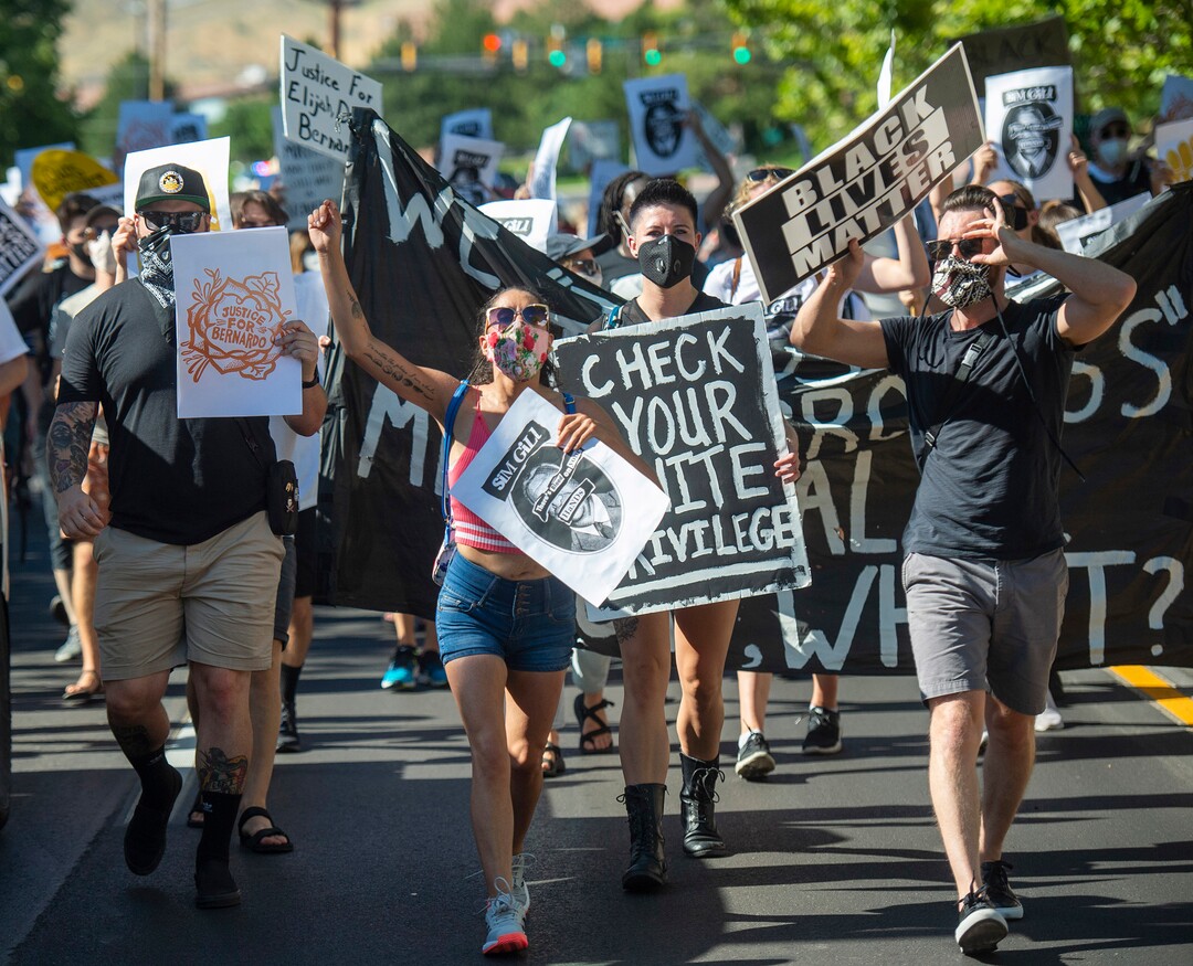 (Rick Egan  |  The Salt Lake Tribune)     Protesters on Foothill Drive, during a march for Justice in Salt Lake City, on Sunday, July 12, 2020.