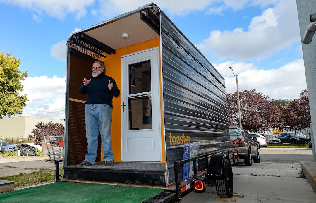 (Francisco Kjolseth | The Salt Lake Tribune) Small-home architect Jeff White gives a tour of his prototype Toaster House parked in South Salt Lake on Wednesday, Oct. 2, 2019. Toaster, an acronym for temporary, orderly, affordable, safe, transportable, effective and respectful, aims to help address a possible gap in homelessness services. He envisions the temporary, 60 square foot spaces as a way to stabilize people and move them into permanent supportive housing in conjunction with Salt Lake City's homeless outreach team.