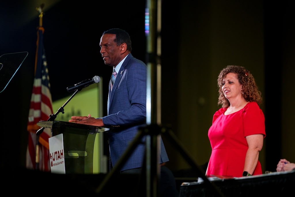 (Trent Nelson  |  The Salt Lake Tribune) Utah Rep. Burgess Owens and Utah Rep. Celeste Maloy at the Utah Republican Nominating Convention in Salt Lake City on Saturday, April 27, 2024.