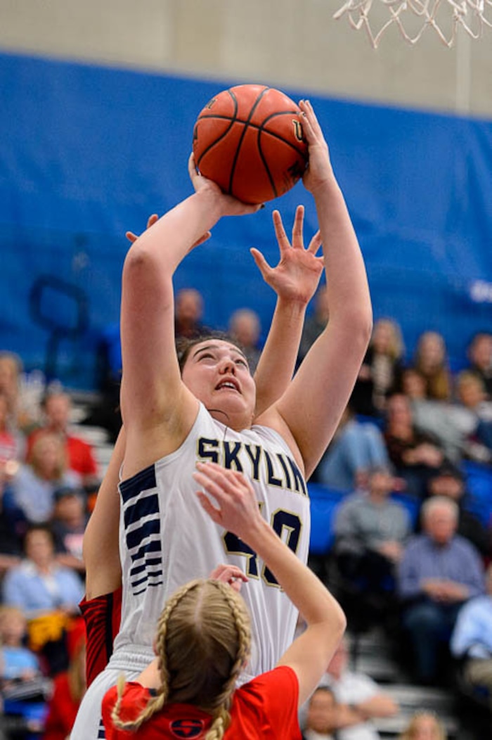 (Trent Nelson | The Salt Lake Tribune)  Skyline's Cameron Mooney (40) shoots as Skyline faces Springville in the 5A High School Girls' Basketball Tournament at SLCC in Taylorsville, Wednesday Feb. 21, 2018.