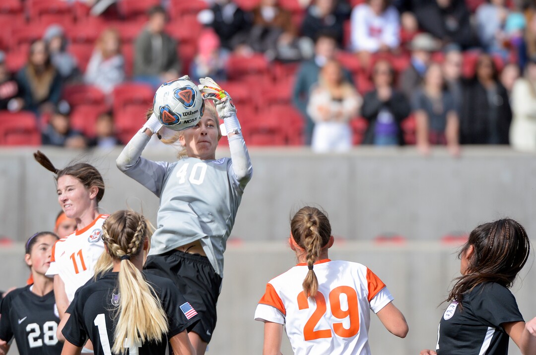 (Chris Samuels | The Salt Lake Tribune) Riverton goalkeeper Dylan Huff (40) gathers the ball off a Skyridge corner kick in the 6A girls’ soccer state championships at Rio Tinto Stadium in Sandy, Friday, Oct. 22, 2021.
