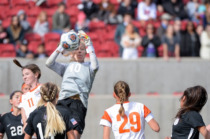 (Chris Samuels | The Salt Lake Tribune) Riverton goalkeeper Dylan Huff (40) gathers the ball off a Skyridge corner kick in the 6A girls’ soccer state championships at Rio Tinto Stadium in Sandy, Friday, Oct. 22, 2021.