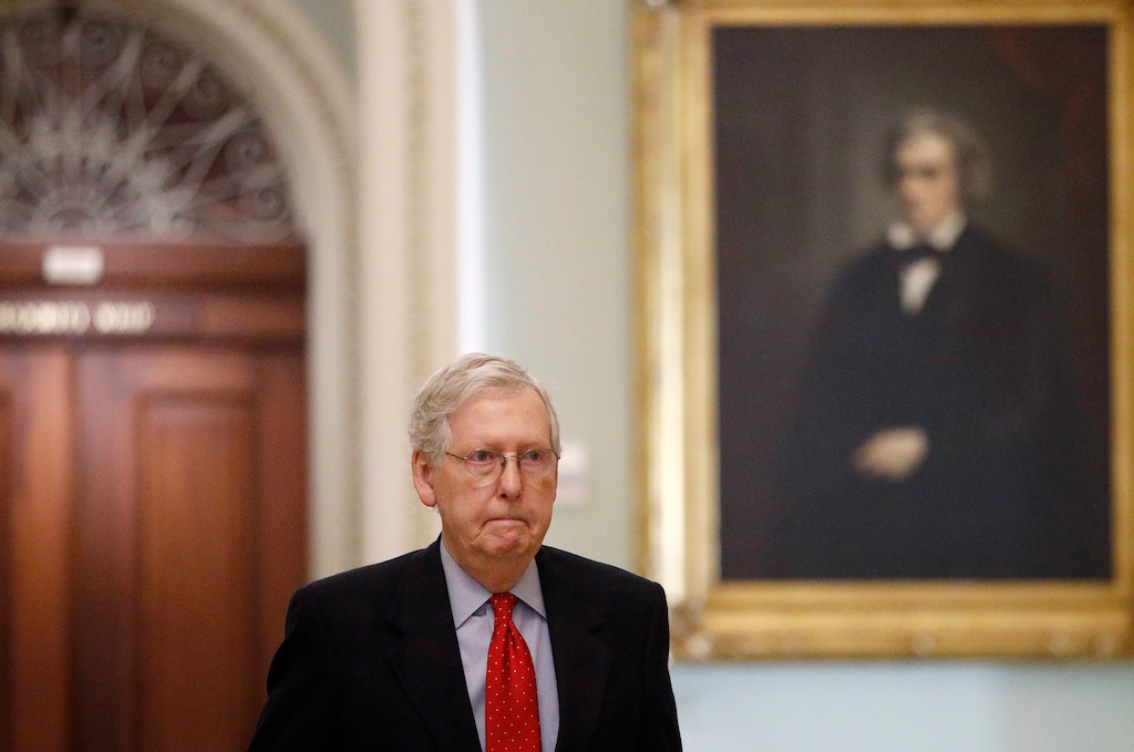 (Patrick Semansky  |  AP file photo) Senate Majority Leader Mitch McConnell of Ky., walks to his office on Capitol Hill in Washington, Thursday, April 9, 2020.