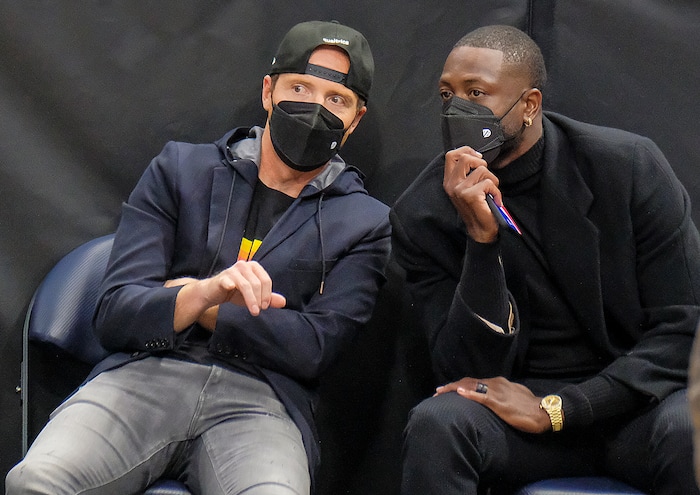 (Leah Hogsten | The Salt Lake Tribune) Utah Jazz majority owner and Qualtrics founder Ryan Smith and former Miami Heat guard and new Jazz minority owner Dwyane Wade talk as the Utah Jazz host the Indiana Pacers, Friday, April 16, 2021, at Vivint Arena.