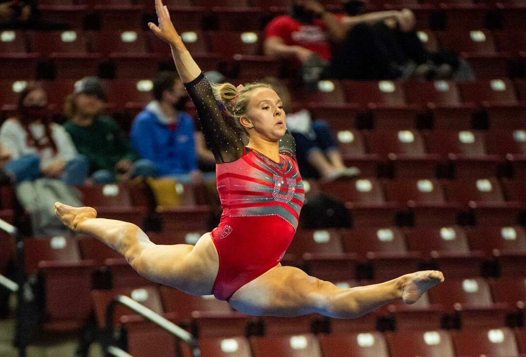 (Rick Egan | The Salt Lake Tribune) Sydney Soloski competes on the floor for Utah in the Best of Utah gymnastics meet at the Maverik Center on Saturday, Jan. 9, 2021.