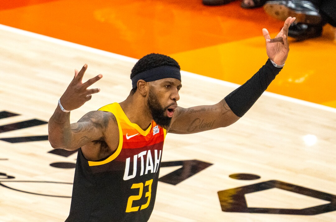 (Rick Egan | The Salt Lake Tribune)Utah Jazz forward Royce O'Neale (23) reacts after hitting a big 3-pointer, in NBA Playoff game 2, between the Utah Jazz and the Memphis Grizzlies at Vivint Arena, on Wednesday, May 26, 2021.