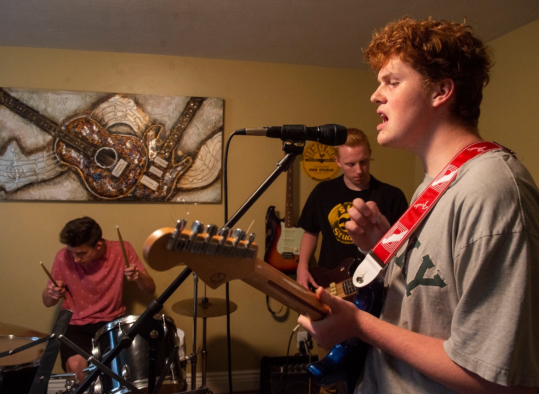 (Rick Egan  |  The Salt Lake Tribune) Woods Cross students Zach Leger, Carter Olsen and Isaac Phillips are members of The Rockees, a rock band that won this year's Utah PTA "Battle of the Bands" competition. Thursday, May 23, 2019.