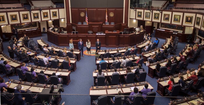 House Speaker Richard Corcoran speaks to student survivors from Marjory Stoneman Douglas High School In the House chambers at the Florida Capitol in Tallahassee, Fla., Feb 21, 2018. The students from Marjory Stoneman Douglas High School are in town to lobby the Florida Legislature after a shooting that left more than a dozen dead at their school. (AP Photo/Mark Wallheiser)