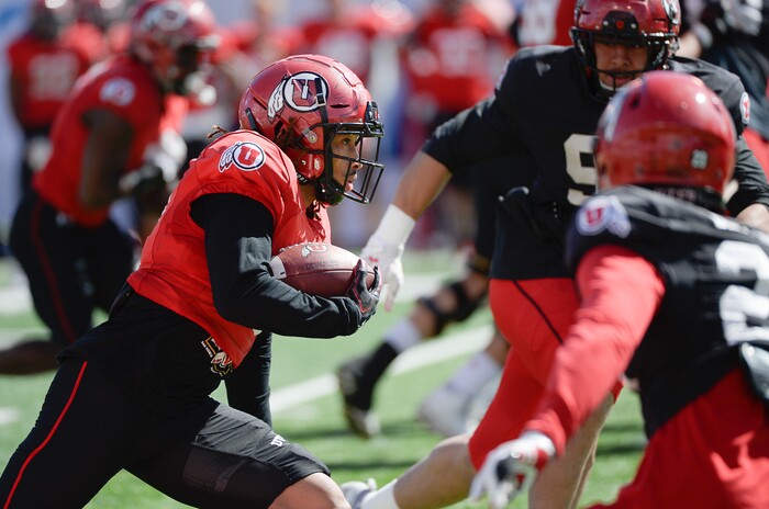 (Francisco Kjolseth  |  The Salt Lake Tribune)  Derrick Vickers, #17, runs the ball downfield as the Utah Utes hold their Spring scrimmage at Rice Eccles stadium on Saturday, March 30, 2019.