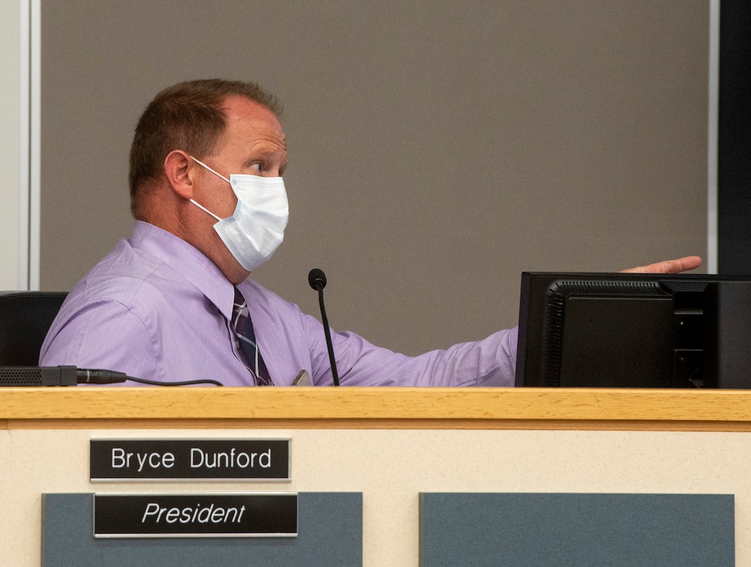 (Rick Egan  |  The Salt Lake Tribune)     Jordan School Board President Bryce Dunford asks a questions questions during the Jordan School Board meeting, discussing the Covid-19 cases at Riverton High School, on Wednesday, Sept. 16, 2020.