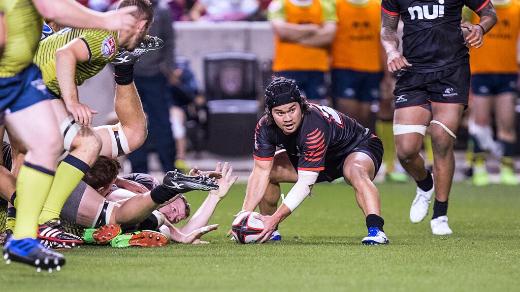 (Photo courtesy of Aaron Cornia, Utah Warriors) The Utah Warriors shown here in their inaugural match against the Glendale Raptors on March 30, 2018, at Rio Tinto Stadium in Sandy.