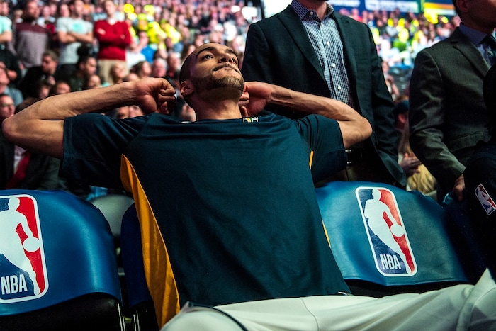 (Chris Detrick  |  The Salt Lake Tribune)  Utah Jazz center Rudy Gobert (27) before the game at Vivint Smart Home Arena Friday, January 19, 2018.  
