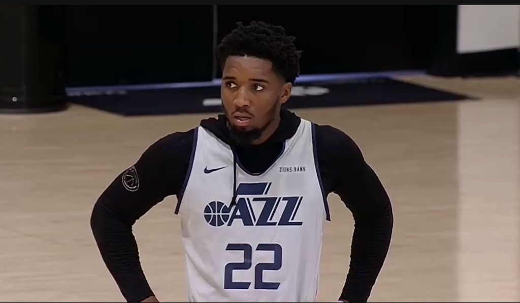 (Screen grab) Utah Jazz guard Donovan Mitchell wears a No. 22 practice jersey on Saturday, Oct. 2, 2021 in tribute to late University of Utah football players Aaron Lowe and Ty Jordan.