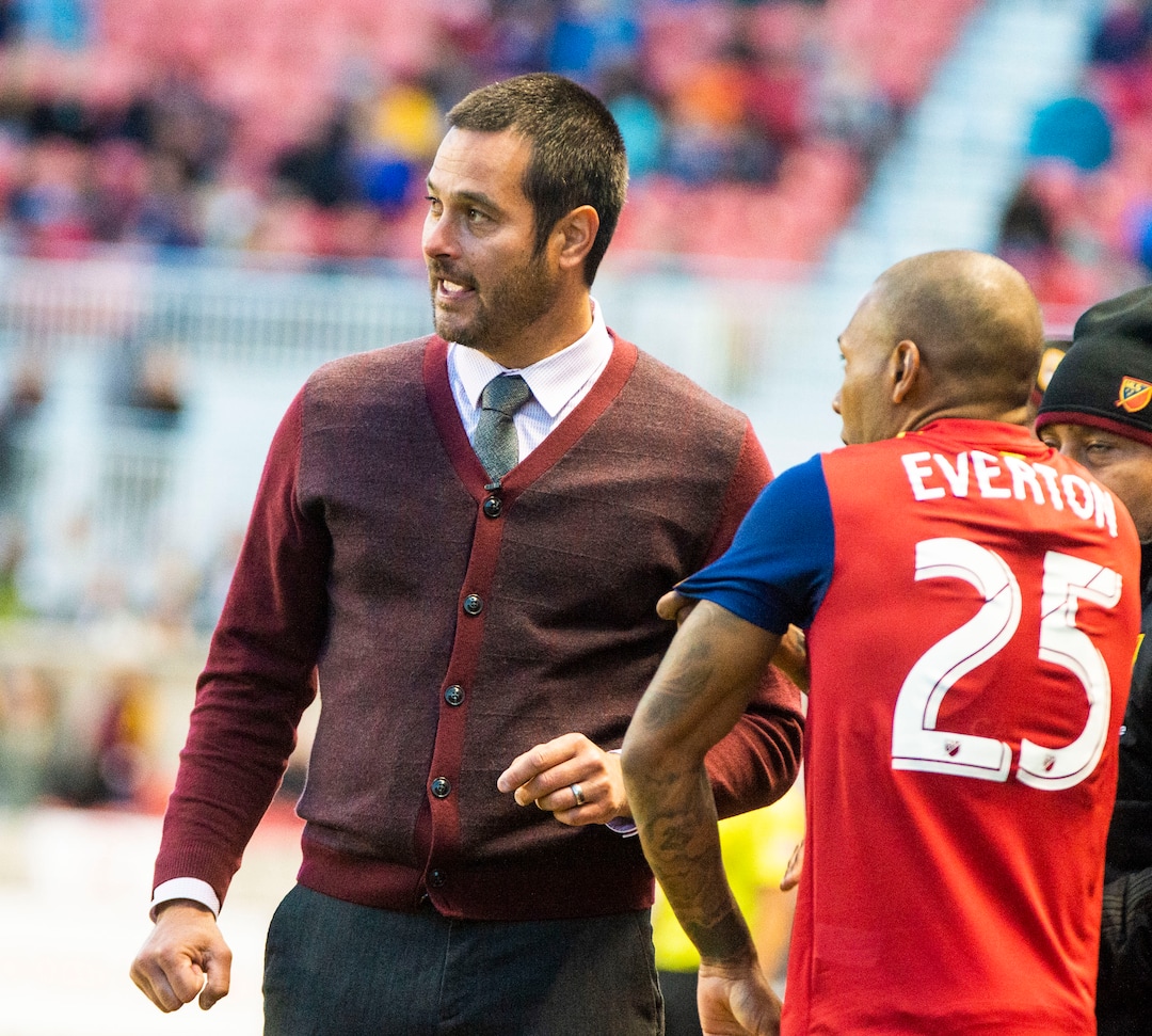 (Rick Egan  |  The Salt Lake Tribune).  Real Salt Lake head coach Mike Petke talks to Real Salt Lake midfielder Everton Luiz (25) before sending him into the game, in MLS soccer action between Real Salt Lake and Atlanta United at Rio Tinto Stadium in Sandy, Friday, May 24, 2019.