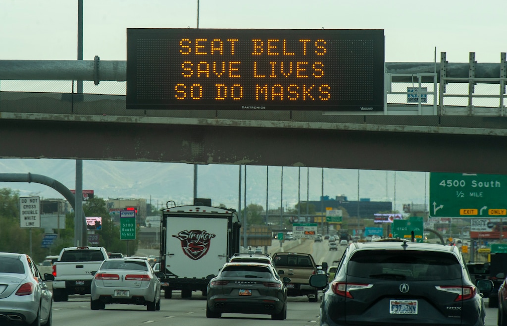 (Rick Egan | Tribune file photo) Highway sign on I-15, May 1, 2020. A new study says that electronic message signs that list numbers of highway fatalities can cause more accidents in some areas where greater driving concentration is required, such as in heavy traffic.