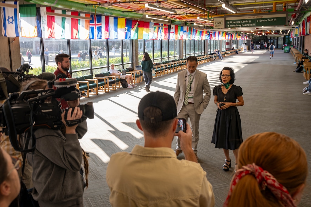 (Rick Egan | The Salt Lake Tribune) Utah Valley University President Astrid Tuminez, right, talks to media on Wednesday, Sept. 17, 2025, one week after Charlie Kirk was shot and killed on campus.