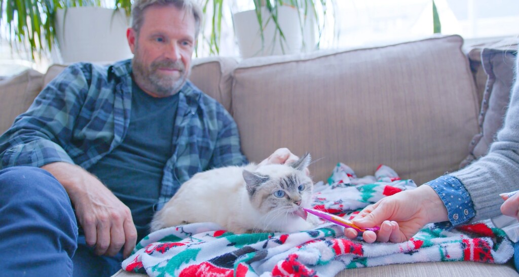 (Screenshot via video provided by Best Friends Animal Society) Spence Smith, left, and Jodi Olthuis feed their cat, Bella, a treat. A new bill passed during this year's legislative session could give more animals like Bella a second chance at life.