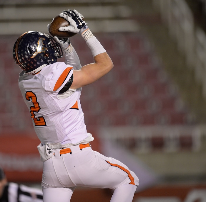 (Francisco Kjolseth  |  The Salt Lake Tribune) Nicholas Nethercott of Mountain Crest pulls in a touchdown over Stansbury in their class 4A semifinal game at Rice-Eccles Stadium, Thursday, Nov. 9, 2017.