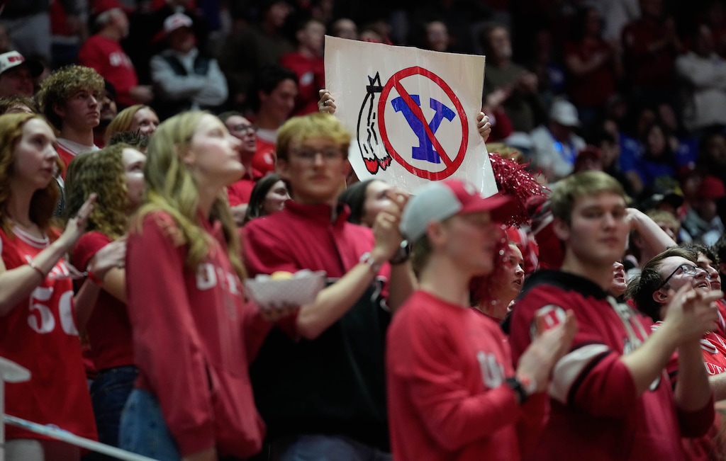 (Francisco Kjolseth | The Salt Lake Tribune) The MUSS cheer on the Utes as Utah hosts BYU, NCAA basketball in Salt Lake City on Saturday, Jan. 10, 2026.