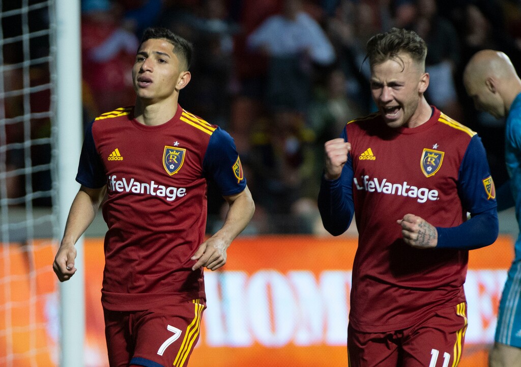 (Rick Egan  |  The Salt Lake Tribune).  Real Salt Lake forward Jefferson Savarino (7) and Salt Lake midfielder Albert Rusnak (11) celebrate after Savarino scored the winning goal for Salt Lakel, in MLS soccer action between Real Salt Lake and Atlanta United at Rio Tinto Stadium in Sandy, Friday, May 24, 2019.