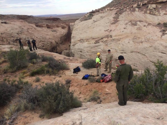(Courtesy  |  Emery County Sheriff)  A Salt Lake County woman is recovering after being wedged in and suspended for nearly 12 hours in a narrow portion of Zero Gravity Canyon in the San Rafael Desert.