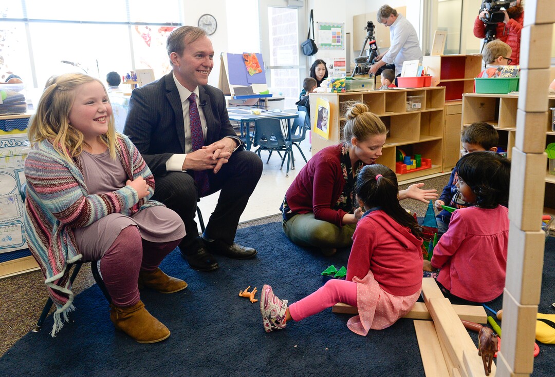(Francisco Kjolseth  |  The Salt Lake Tribune)  Emma Mitchell, 10, who donated her $5 weekly allowance to help the homeless, joins Salt Lake County Mayor Ben McAdams at the Head Start of South Salt Lake that serves kids who have been or are currently homeless. Shelter the Homeless, a nonprofit organization leading efforts surrounding the new resource centers, provided an update on fundraising efforts surrounding the Larry H. and Gail Miller familyÕs $10 million matching grant, including notable donations from individuals and organizational donors both large and small.