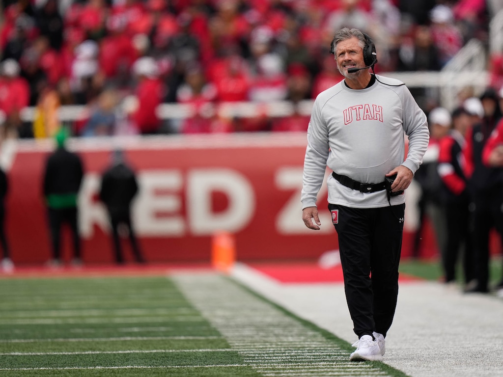 (Francisco Kjolseth  |  The Salt Lake Tribune) Coach Kyle Whittingham as the Utah Utes host the Oregon Ducks, NCAA football in Salt Lake City on Saturday, Oct. 28, 2023.