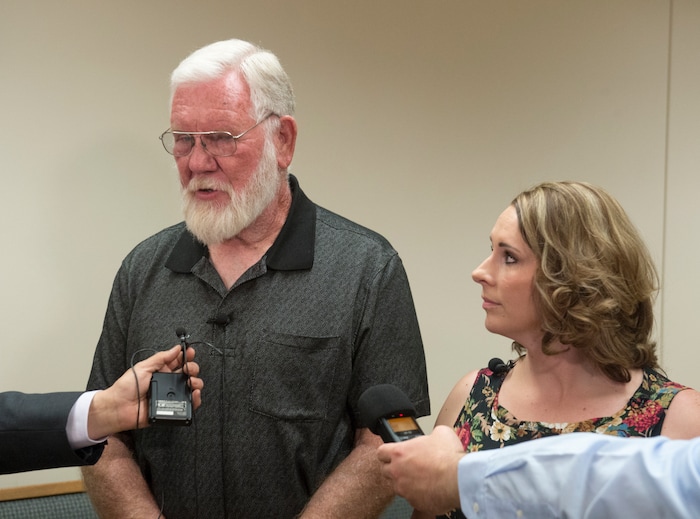     (Rick Egan  |  The Salt Lake Tribune)       Bill Powell, Riley’s father, and Breezy's aunt, Amanda Hunt talk to the media after Jerrod Baum appeared for a hearing in Provo. Baum is accused of killing 18-year-old Riley Powell and 17-year-old Brelynne “Breezy” Otteson in December and dumping their bodies into an abandoned mine shaft. Thursday, April 26, 2018.   

