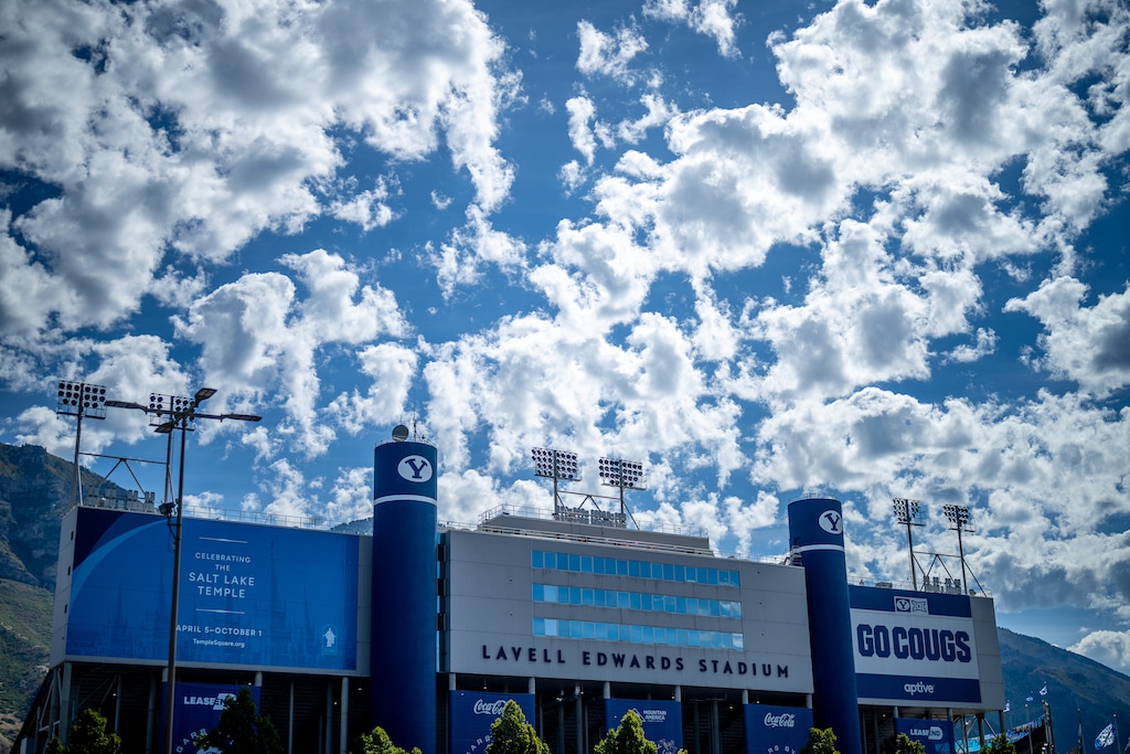 (Trent Nelson | The Salt Lake Tribune) LaVell Edwards Stadium in Provo on Saturday, Sept. 12, 2026. A flyover of F-35A Lightning fighter jets is expected before the BYU/Notre Dame game on Oct. 17.