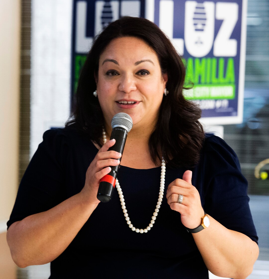 (Rick Egan  |  The Salt Lake Tribune)     Luz Escamilla says a few words to supporters at the end fate ending at her campaign watch party at the Utah State Fairgrounds, Tuesday, Aug. 13, 2019.