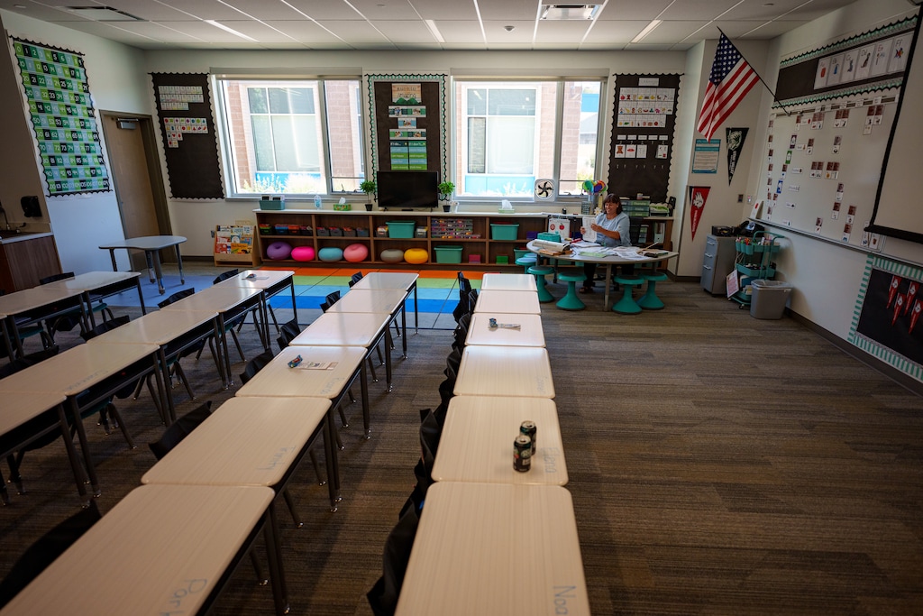 (Trent Nelson  |  The Salt Lake Tribune) Kindergarten teacher Kristie Koyle preps her room at Glacier Hills Elementary in Sandy on Thursday, Aug. 15, 2024.