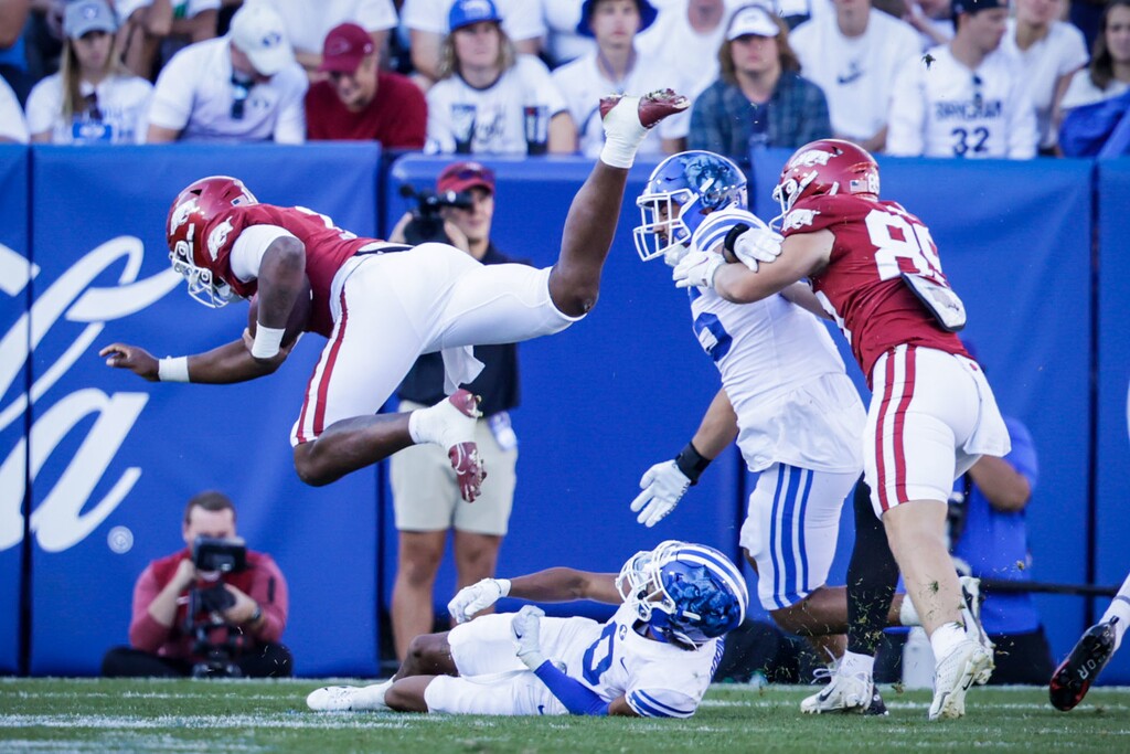 BYU Athletics
Arkansas rolled up 644 yards of offense with 34 first downs in its 52-35 win over BYU on Saturday in Provo.