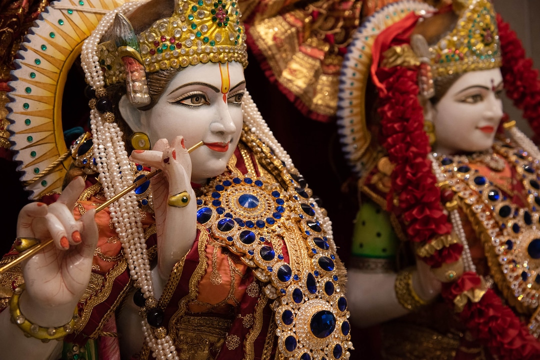 (Francisco Kjolseth  |  The Salt Lake Tribune) Colorful vestige adorns a shrine of Sri Radha & Sri Krishna as Hindus cope with the coronavirus pandemic by limiting visitors to the Sri Ganesha Hindu Temple in South Jordan and broadcast daily ceremonies online.