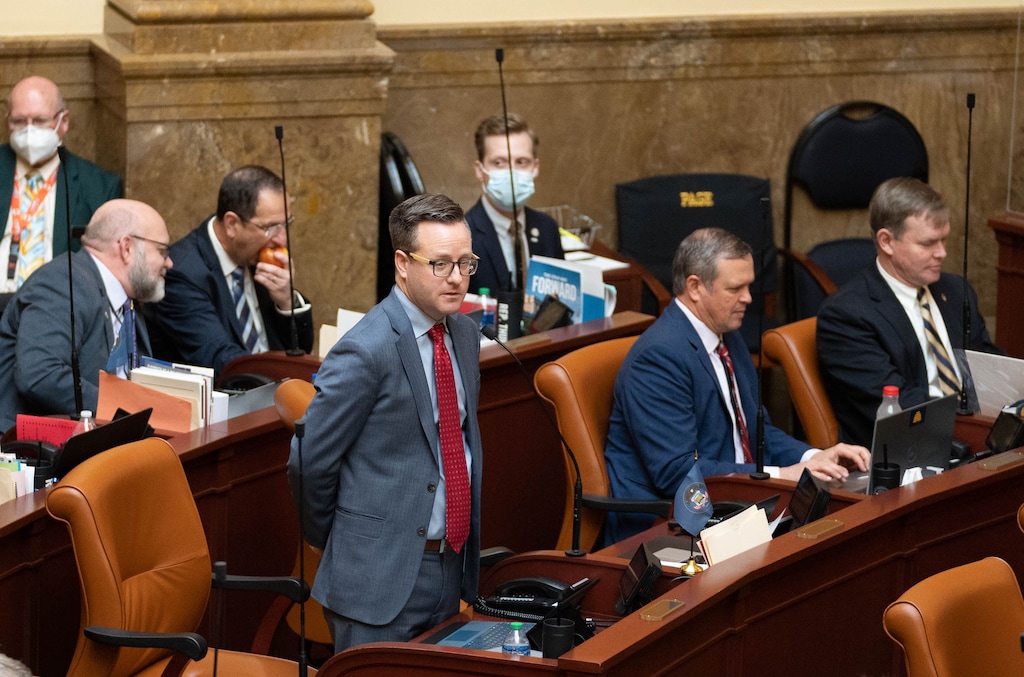 (Francisco Kjolseth | The Salt Lake Tribune) State Rep. Brady Brammer, R-Pleasant Grove, talks about a bill during the legislative session at the Capitol in Salt Lake City on Tuesday, Jan. 25, 2022. Brammer's bill changing court rules for when judges can grant an injunction passed out of the Utah House of Representatives on Monday.