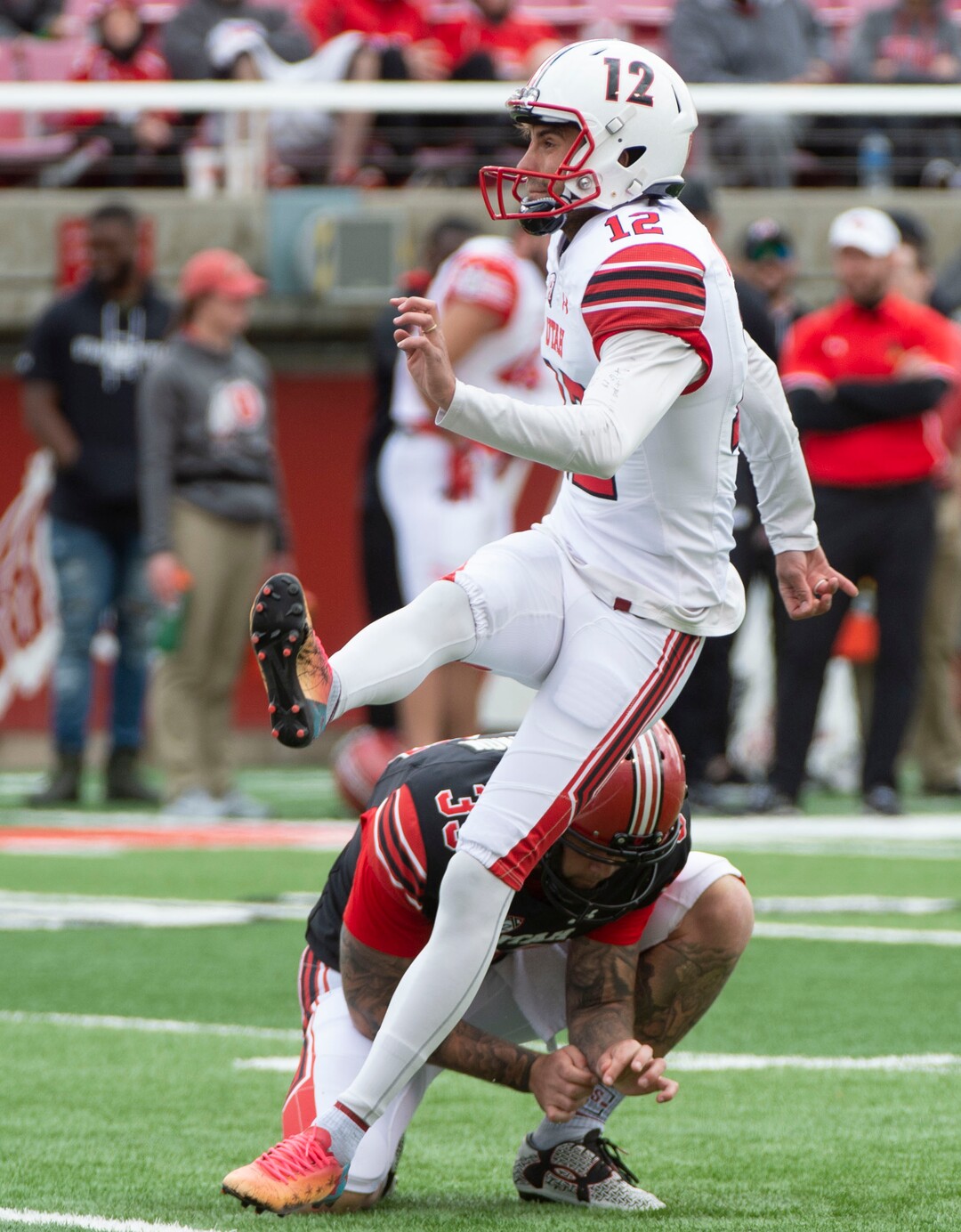 (Rick Egan  |  The Salt Lake Tribune)  Place kicker Chayden Johnston attempts a field goal, in Utah's spring Red-White game at Rice-Eccles Stadium, Saturday, April 13, 2019.
