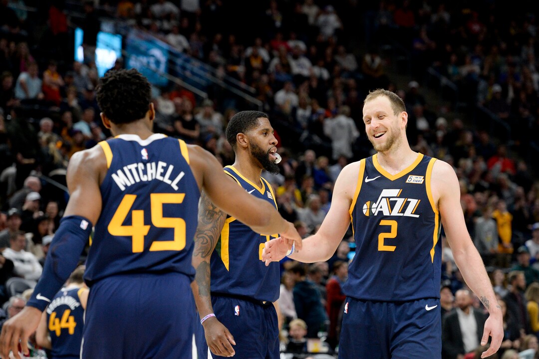 (Leah Hogsten  |  The Salt Lake Tribune) Utah Jazz guard Donovan Mitchell (45), Utah Jazz forward Royce O'Neale (23) and Utah Jazz forward Joe Ingles (2) celebrate as the Utah Jazz defeated the Golden State Warriors, 114-106, Dec. 13, 2019 at Vivint Arena.