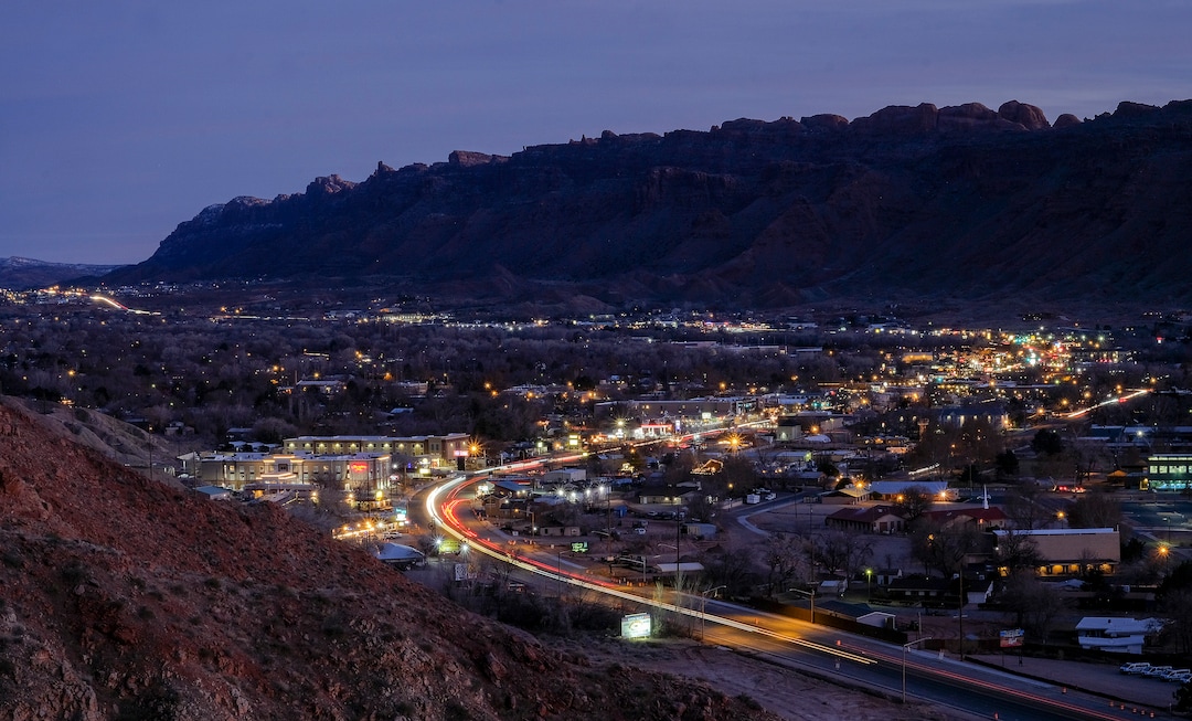 (Leah Hogsten | The Salt Lake Tribune) Moab, a town of 5,400 residents swells by the thousands week to week from May to November, as tourists visit Arches National Park, and outdoor enthusiasts arrive to hike, bike, camp, 4x4 and run the Colorado River, Feb. 19, 2021.