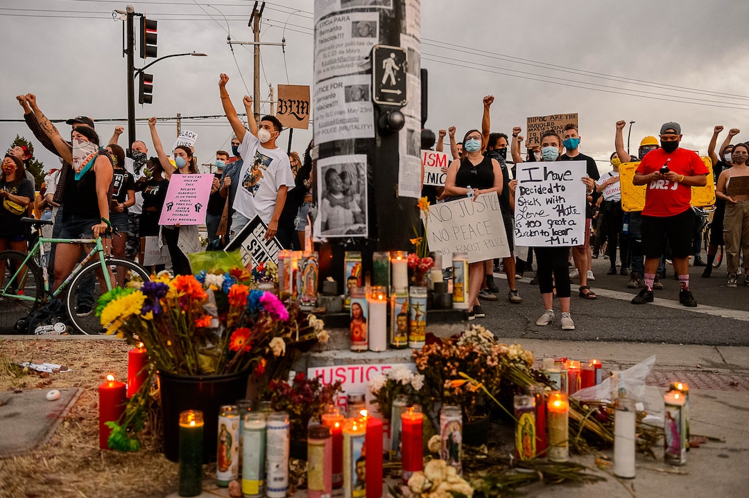 (Trent Nelson  |  The Salt Lake Tribune) People gather at the site where Bernardo Palacio-Carbajal was killed by pollice, in Salt Lake City on Saturday, June 13, 2020.