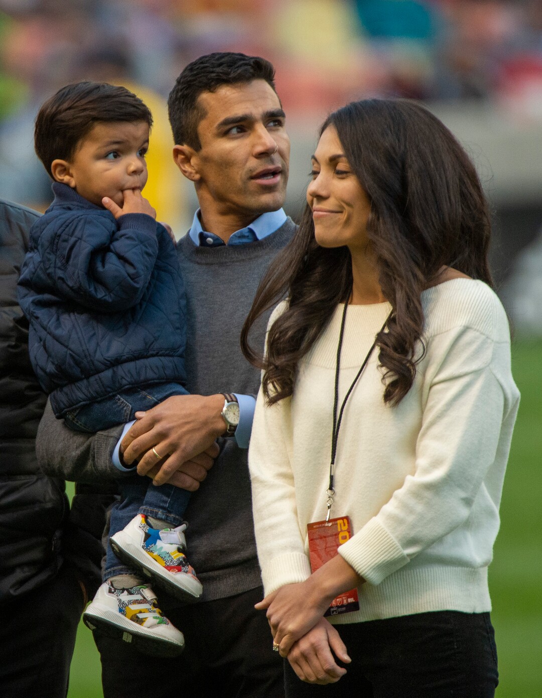 (Rick Egan  |  The Salt Lake Tribune)   Tony Beltran holds his son Kaito as he stands with his wife Teal, as he is honored at half time of the match between Real Salt Lake and Houston Dynamo  at Rio Tinto Stadium, Sunday, Sept. 29, 2019.