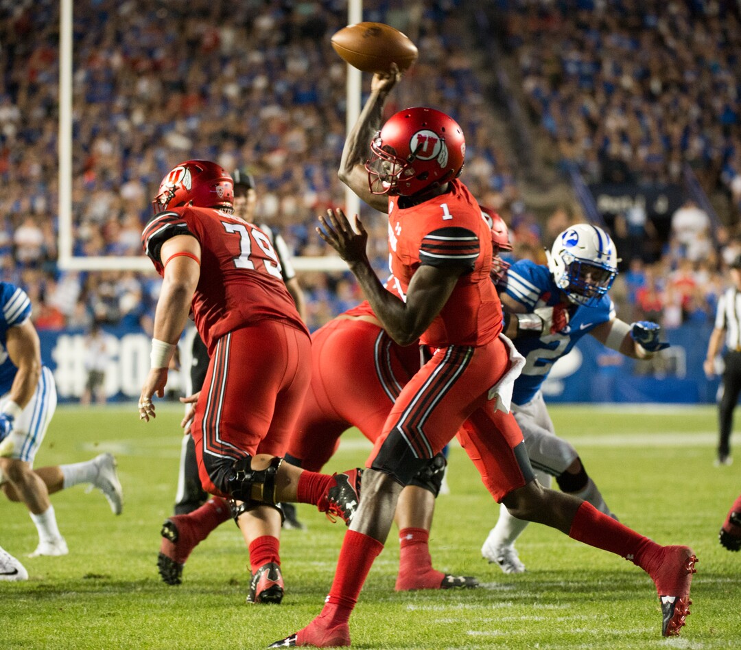 (Rick Egan  |  The Salt Lake Tribune)   Utah Utes quarterback Tyler Huntley (1) passes the ball, in football action BYU vs Utah, at Lavell Edwards Stadium in Provo, Saturday, September 9, 2017.