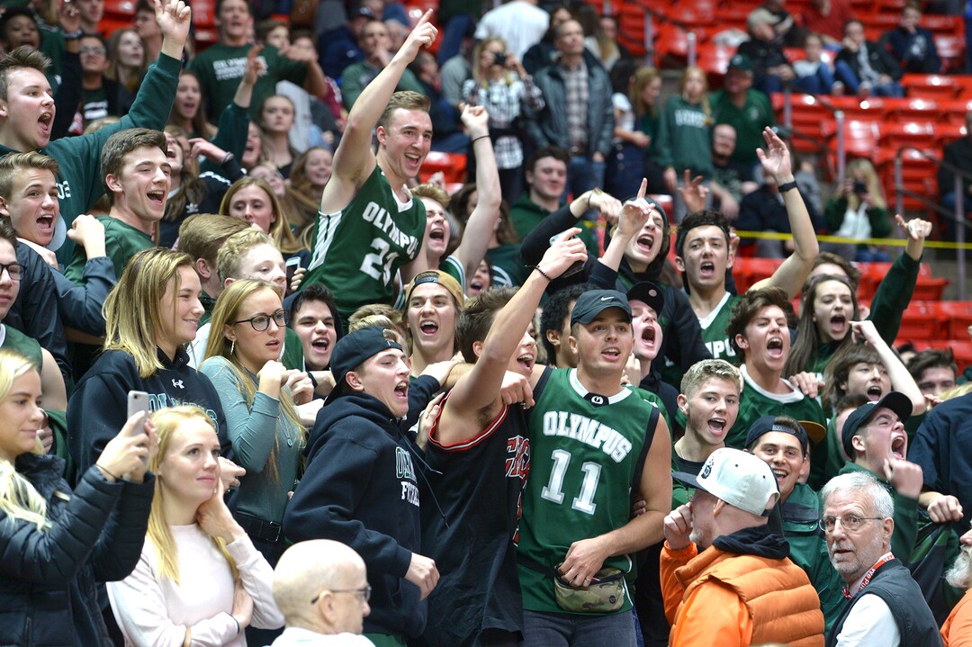(Leah Hogsten  |  The Salt Lake Tribune) Olympus celebrates the win. Olympus defeated Corner Canyon 76-49 to win the 5A High School Boys’ Basketball Tournament Championship at the Jon M. Huntsman Center in Salt Lake City,  Saturday, March 3, 2018. 