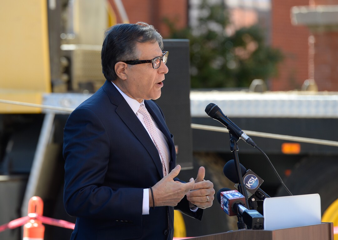 (Francisco Kjolseth  |  The Salt Lake Tribune)  Khosrow Semnani, owner of Trolley Square makes a few remarks before the repositioning of the iconic trolley car, that has been sitting in storage for several years, and was moved back into view at Trolley Square on Monday, Oct. 15, 2018. Marking a 110 year history, the last trolley car in Utah, last seen housing the Trolley Wing Company was moved into place on the north plaza by Pottery Barn.