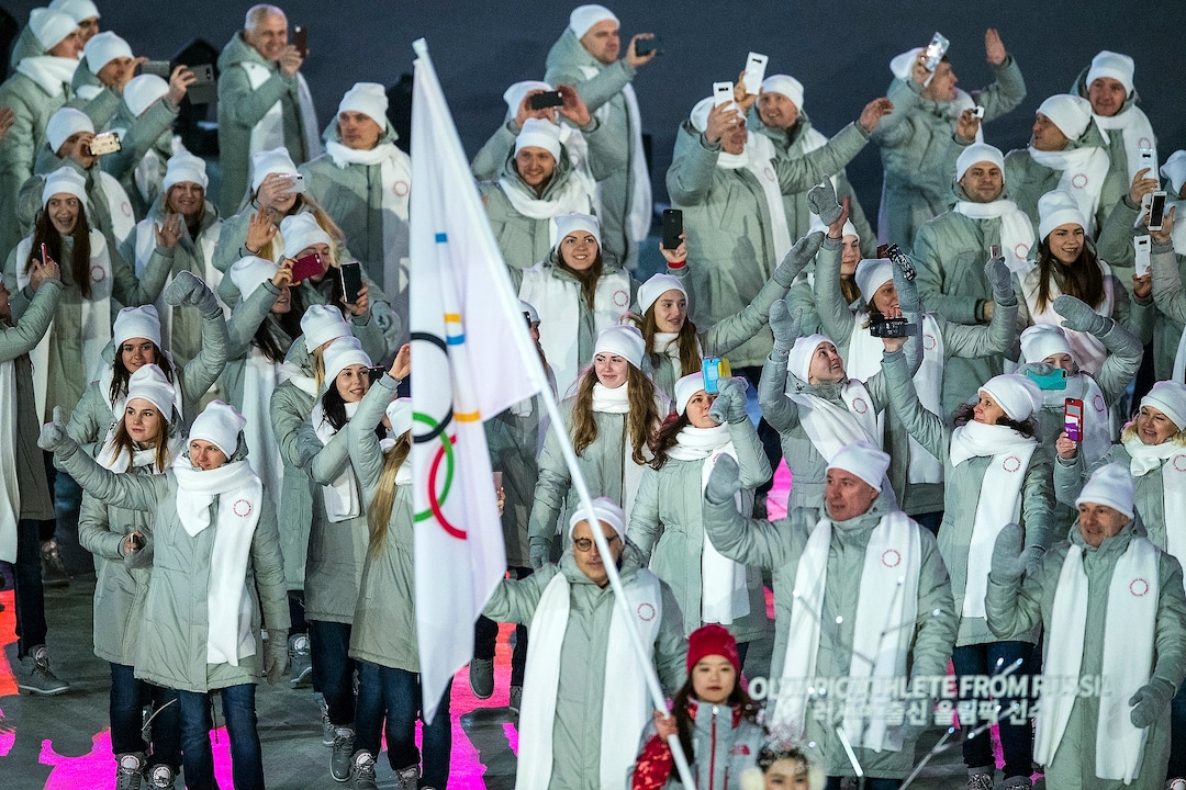 (Chris Detrick  |  The Salt Lake Tribune)  Olympic athletes from Russia are introduced during the Pyeongchang 2018 Winter Olympics opening ceremony at Olympic Stadium Friday, February 9, 2018.  