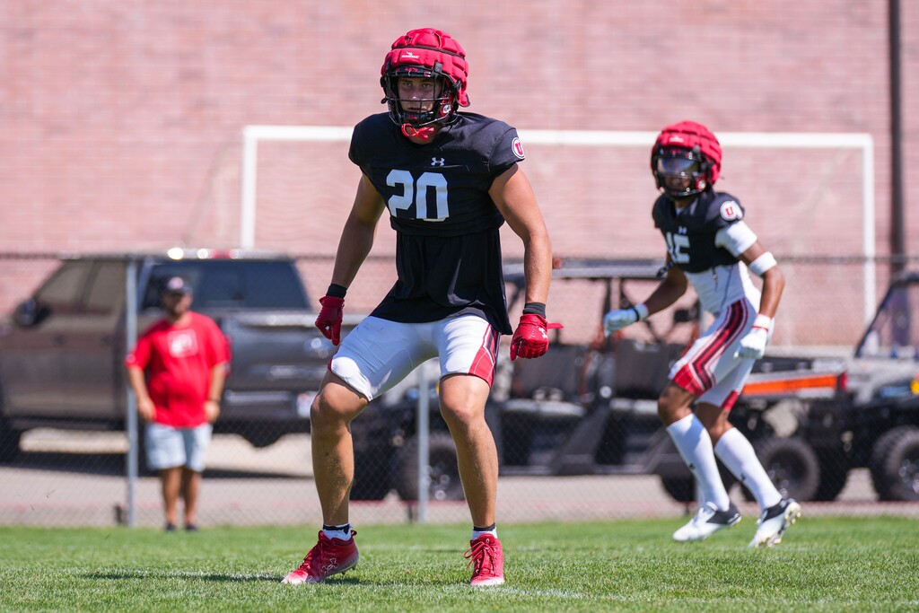 (Eli Rehmer | Utah Athletics) Linebacker Landon Barton participates in Utah football fall practice in Salt Lake City on Tuesday, Aug. 08, 2023.