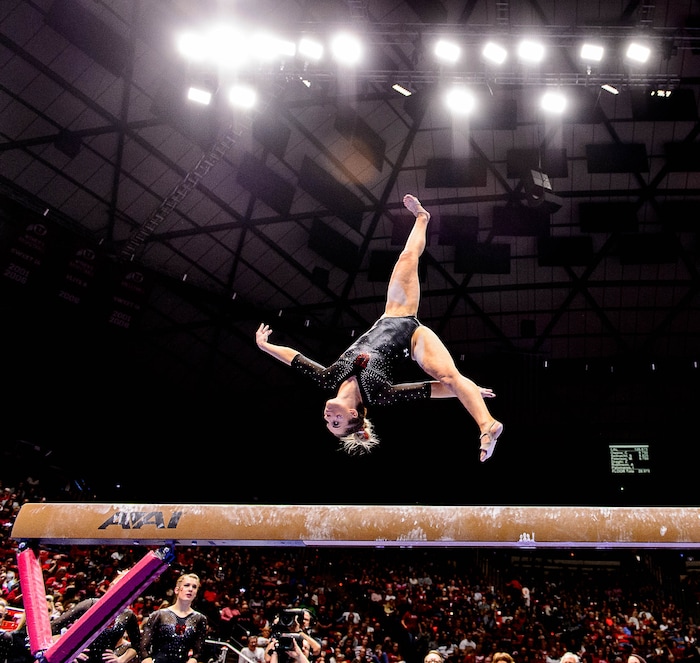 Trent Nelson  |  The Salt Lake Tribune
Utah's MyKayla Skinner on the beam as the University of Utah hosts Cal, NCAA Gymnastics at the Huntsman Center, Saturday February 4, 2017.