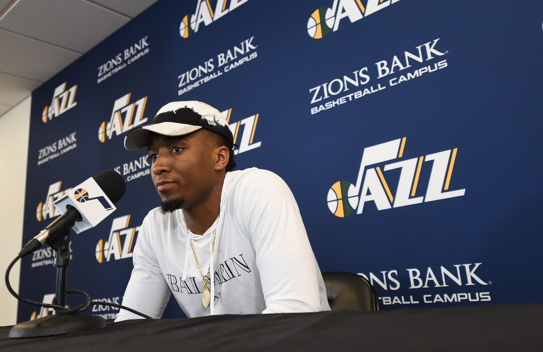 (Francisco Kjolseth  |  The Salt Lake Tribune)  Utah Jazz      guard Donovan Mitchell speaks with the media during exit interviews at their practice facility in Salt Lake City Wed., May 8, 2018, after losing to the Houston Rockets in game 5 of their Western Conference Semifinals during the 2018 NBA Playoffs.