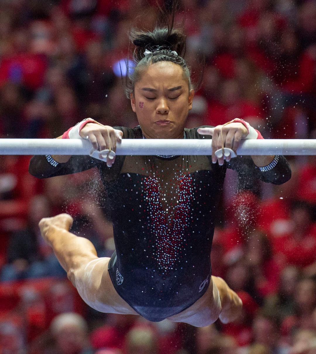 (Rick Egan  |  The Salt Lake Tribune)  THe Kim Tessen competes on the uneven bars, in PAC-12 gymnastics action between the UCLA Bruins and the University of Utah, at the Jon M. Huntsman Center, Saturday, Feb. 23, 2019.