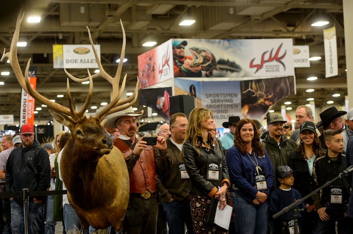 (Steve Griffin  |  The Salt Lake Tribune)  A crowd at the Western Hunting and Conservation Expo at the Salt Palace Convention Center in Salt Lake City on Friday, Feb. 9, 2018 wait for U.S. Secretary of the Interior Ryan Zinke to arrive.